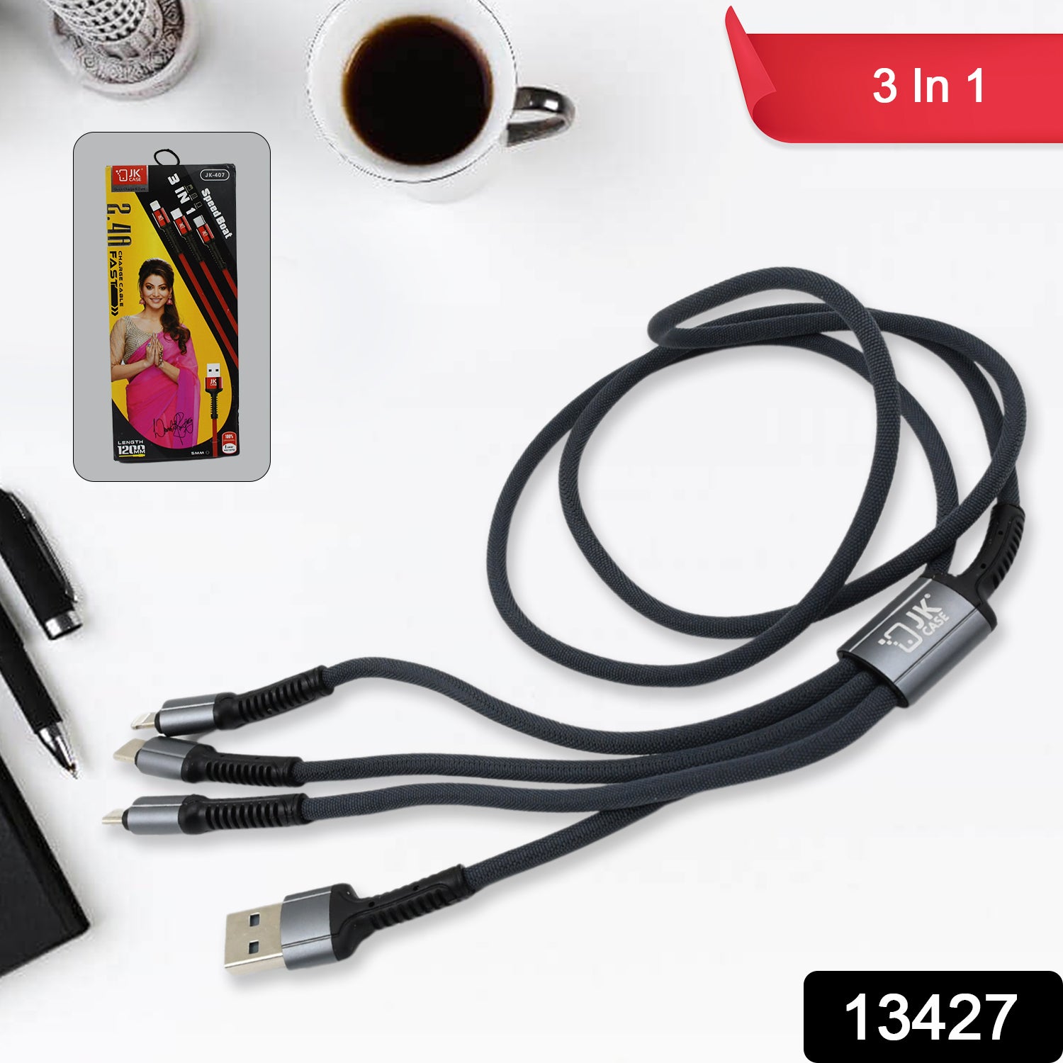 3 In 1 Multi Super Fast Charging Cable (1 Pc  1200 Mm) 3 In 1 Multi Super Fast Charging Cable (1 Pc  1200 Mm)